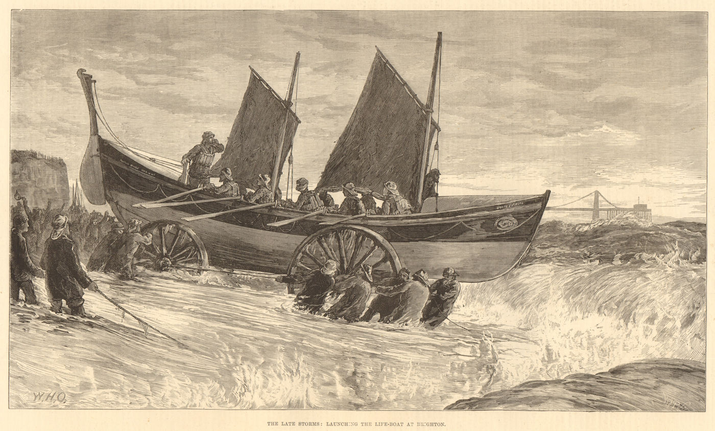 Associate Product The Late Storms: Launching the lifeboat at Brighton. Sussex 1875 ILN full page