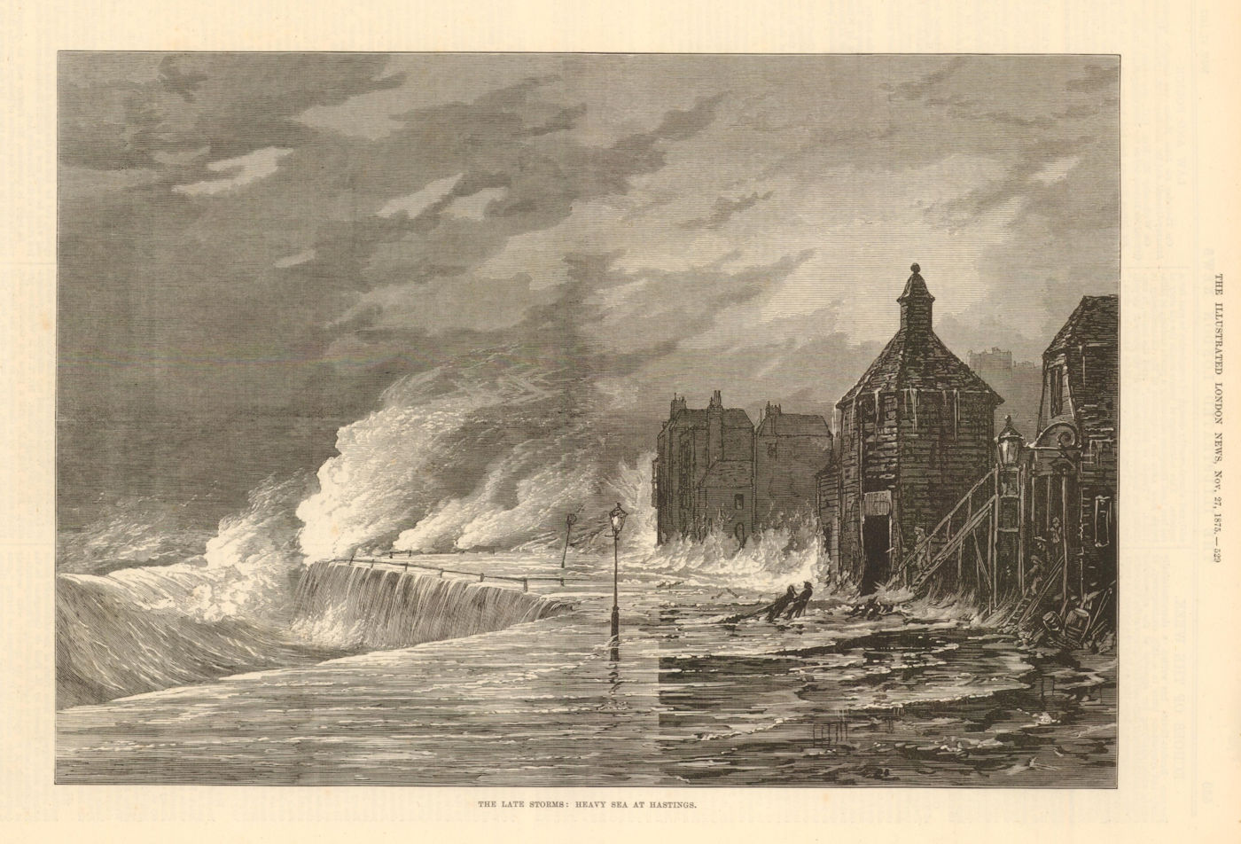 The Late Storms: Heavy sea at Hastings. Sussex. Large waves 1875 old print