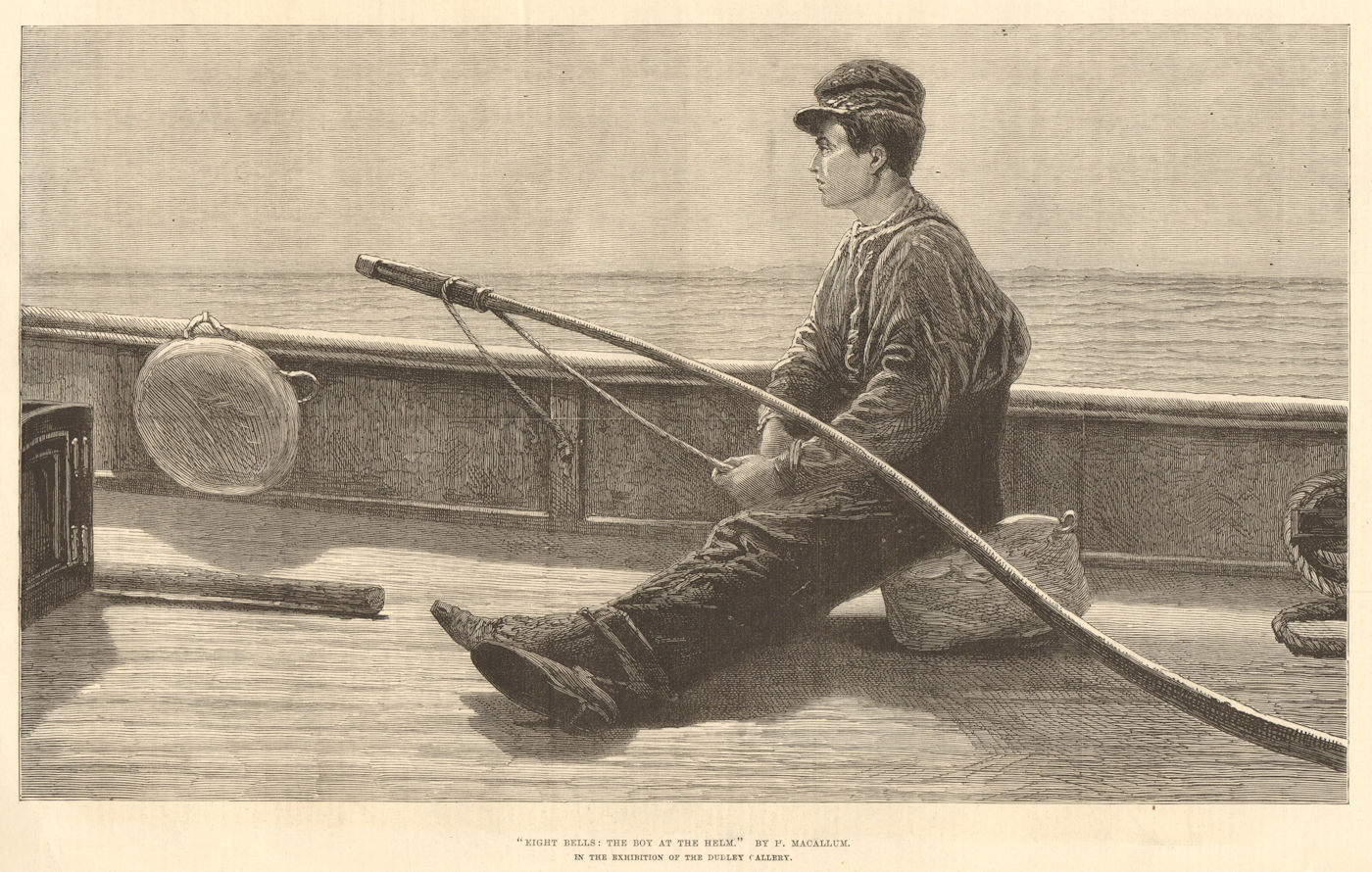 "Eight bells: The boy at the helm", by H. Macallum. Boats. Children 1876 print