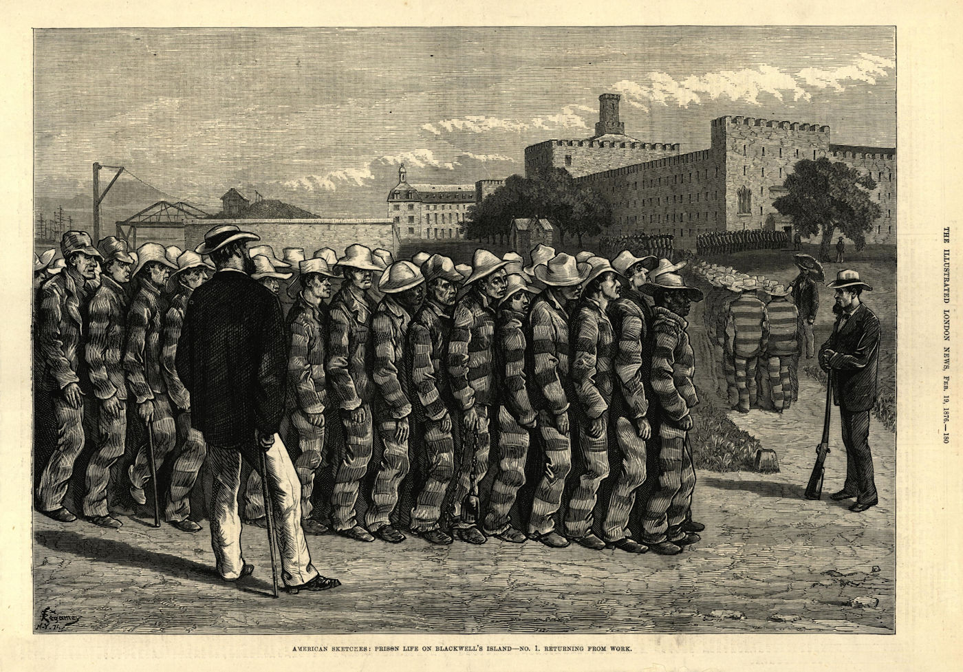 Blackwell's (now Roosevelt) Island prison, New York. Returning from work 1876