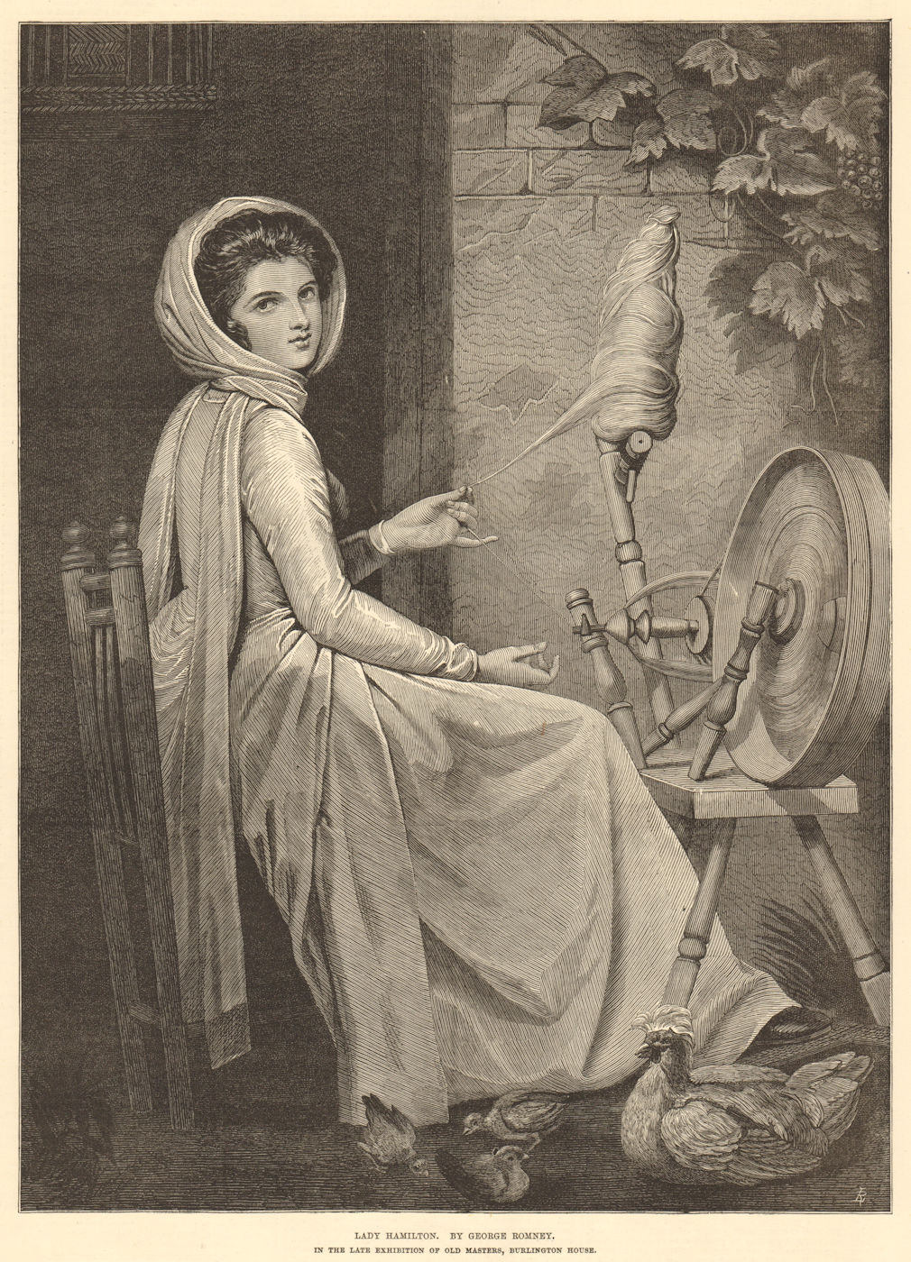 Lady Hamilton, by George Romney. Ladies. Spinning wheel 1876 antique ILN page