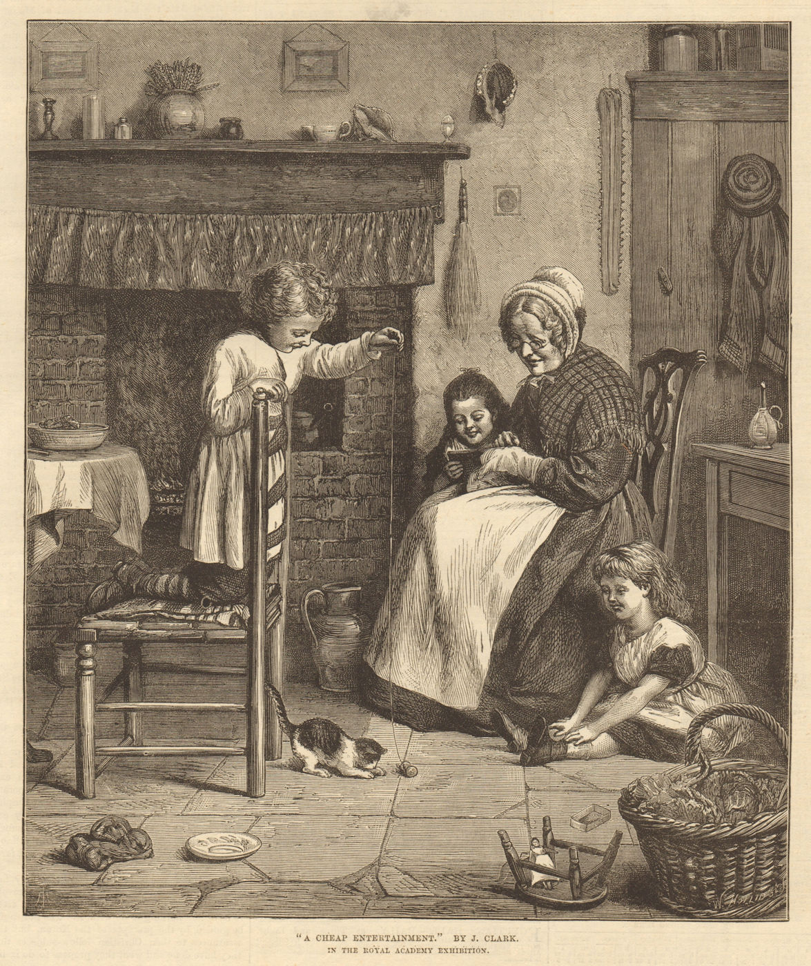 "A cheap entertainment", by J. Clark. Family. Cats Kitten & thread 1876 print