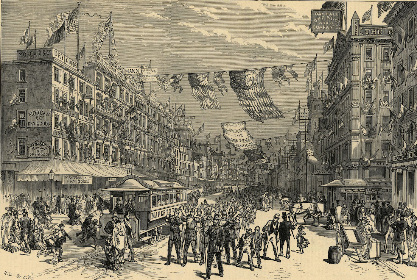 Associate Product A Philadelphia street, American Centennial Exhibition opening day 1876
