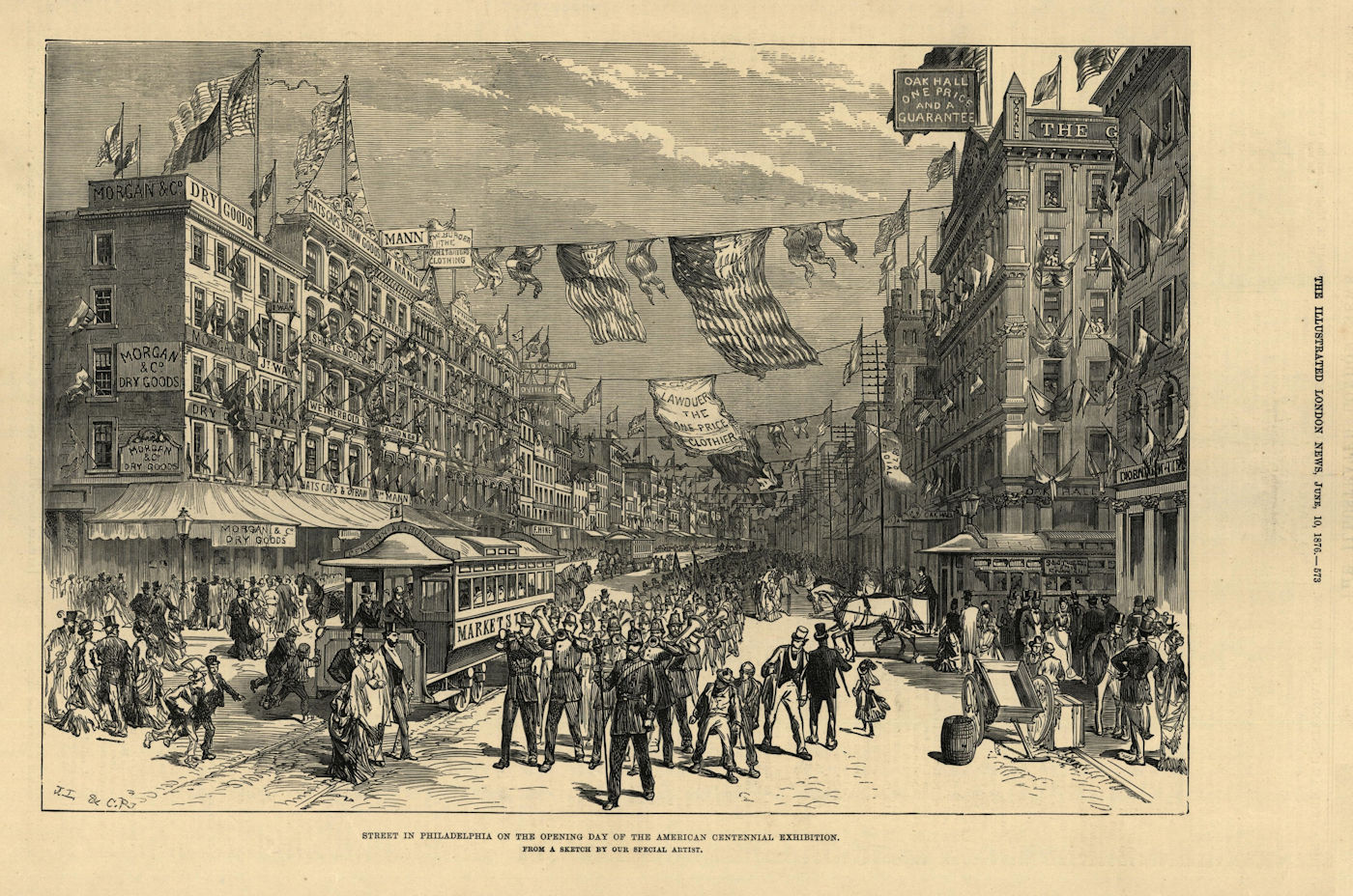 A Philadelphia street, American Centennial Exhibition opening day 1876 print