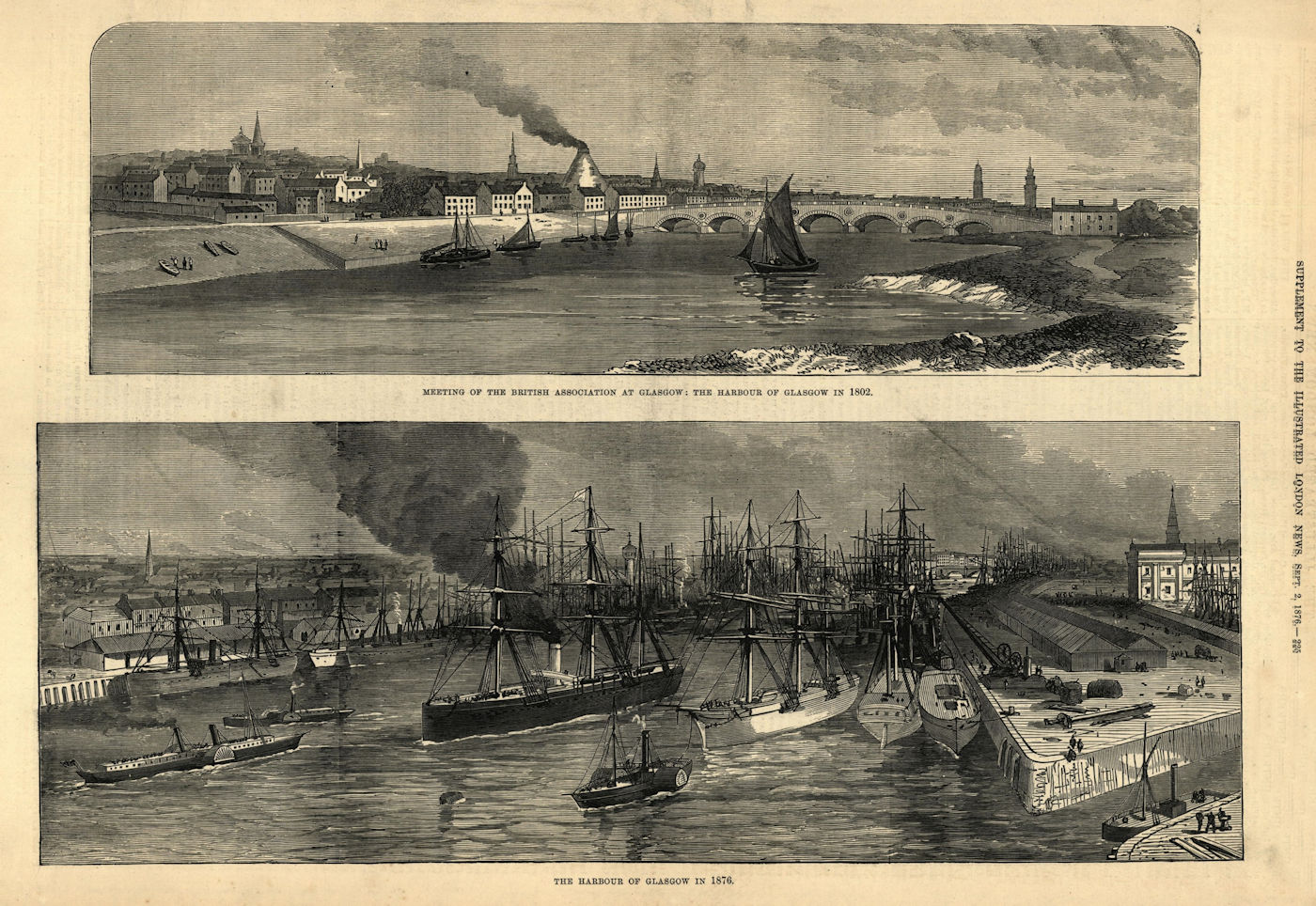 The harbour of Glasgow, in 1802 & in 1876. Scotland 1876 old antique print