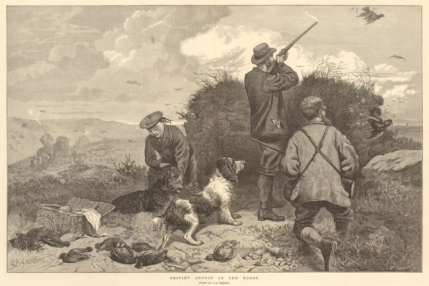 Associate Product Driving grouse on the moors. Drawn by G. B. Goddard. Hunting 1876 ILN print
