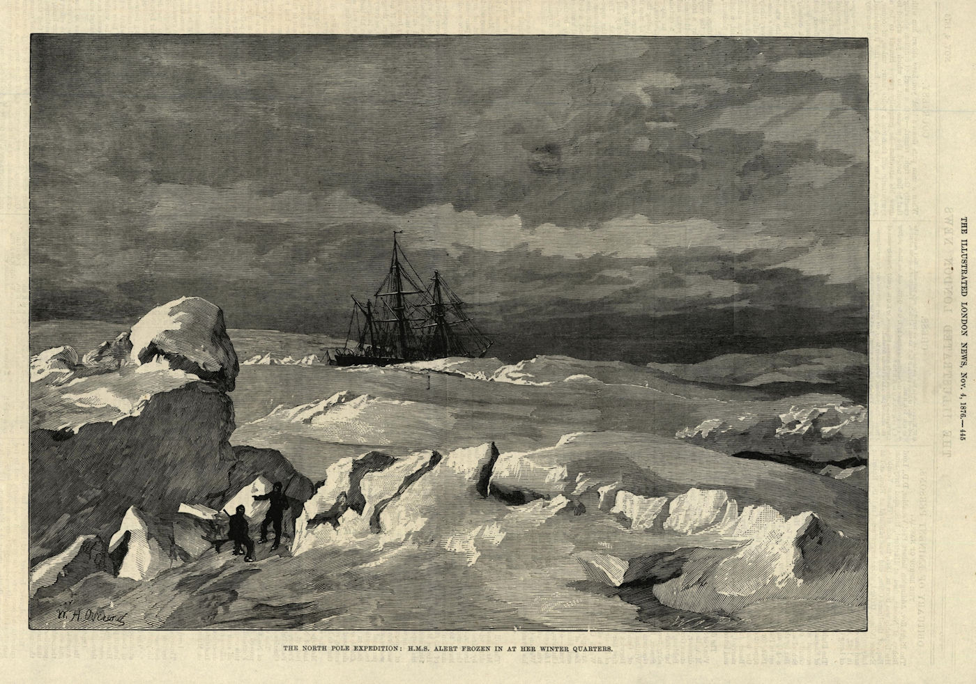 North Pole expedition: HMS Alert frozen in her winter quarters. Arctic 1876