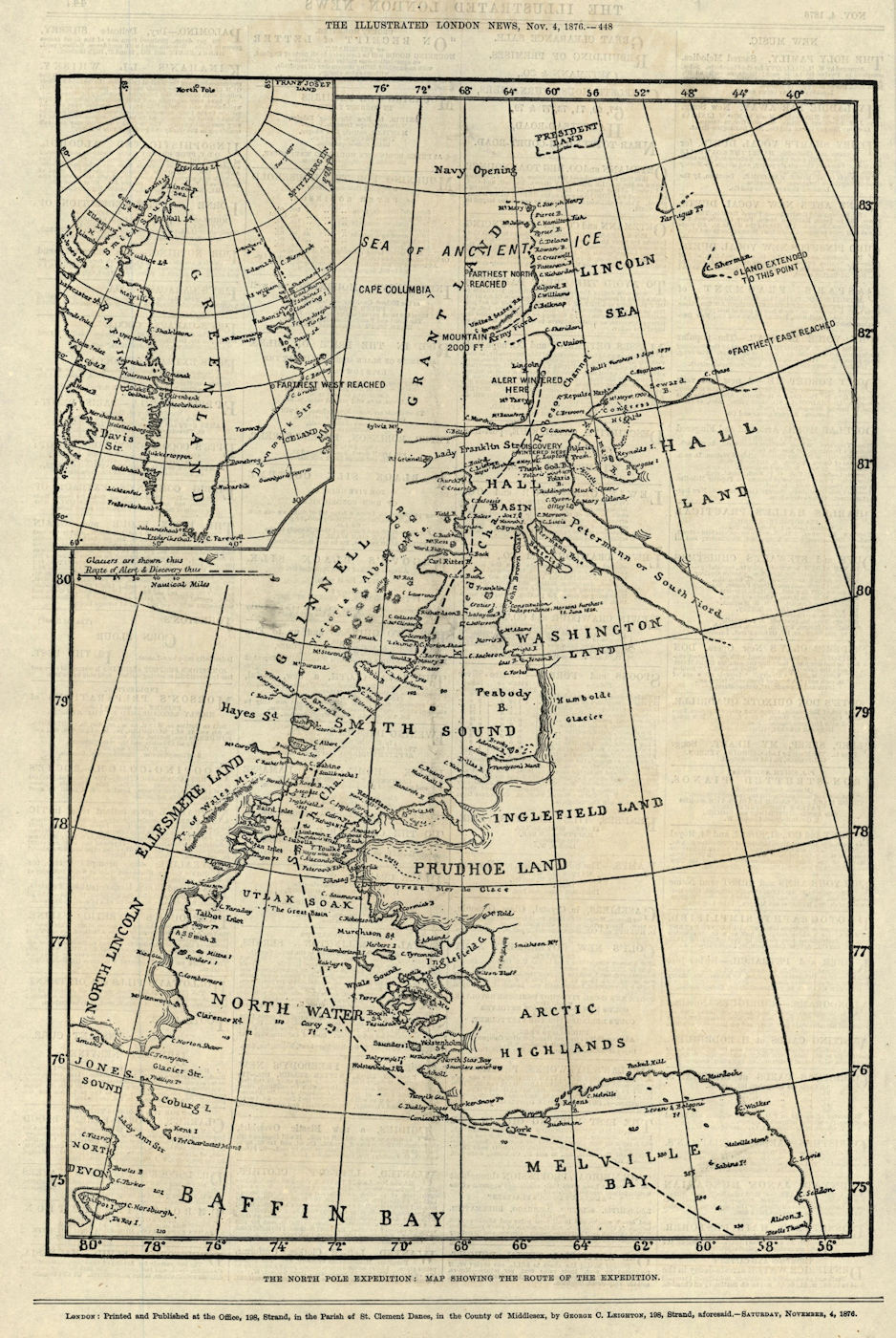 North Pole Expedition: Map showing the expedition route. Arctic 1876 old