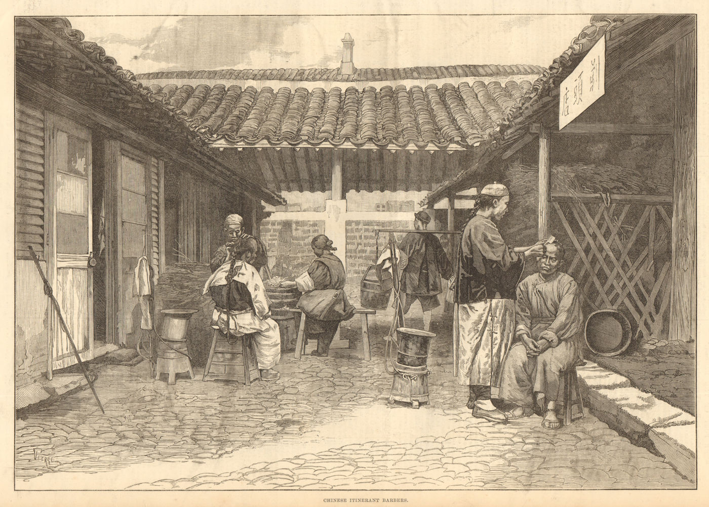 Chinese itinerant barbers. Trades 1876 old antique vintage print picture