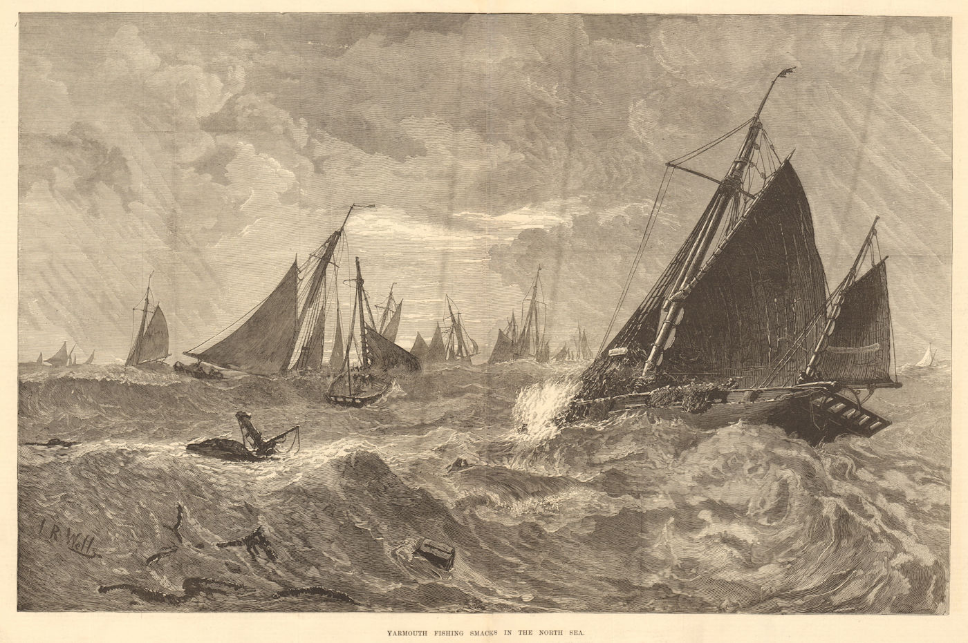 Associate Product Yarmouth fishing smacks in the North Sea. Norfolk. Fishermen 1877 ILN print