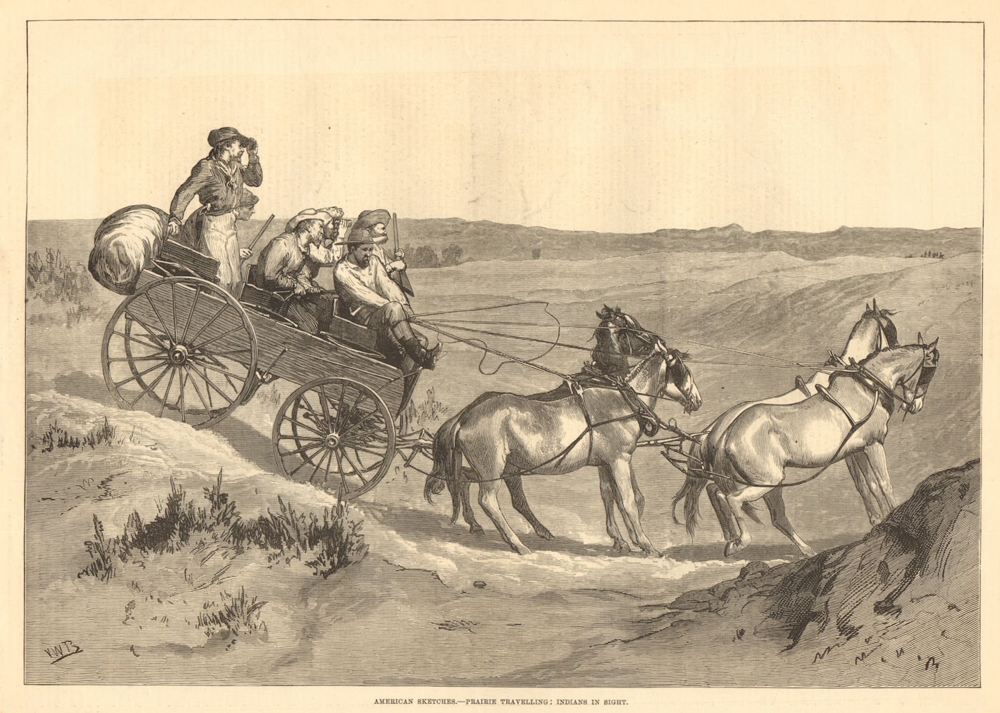 Prairie traveling: Native American Indians in sight. Wagon horses 1877 print