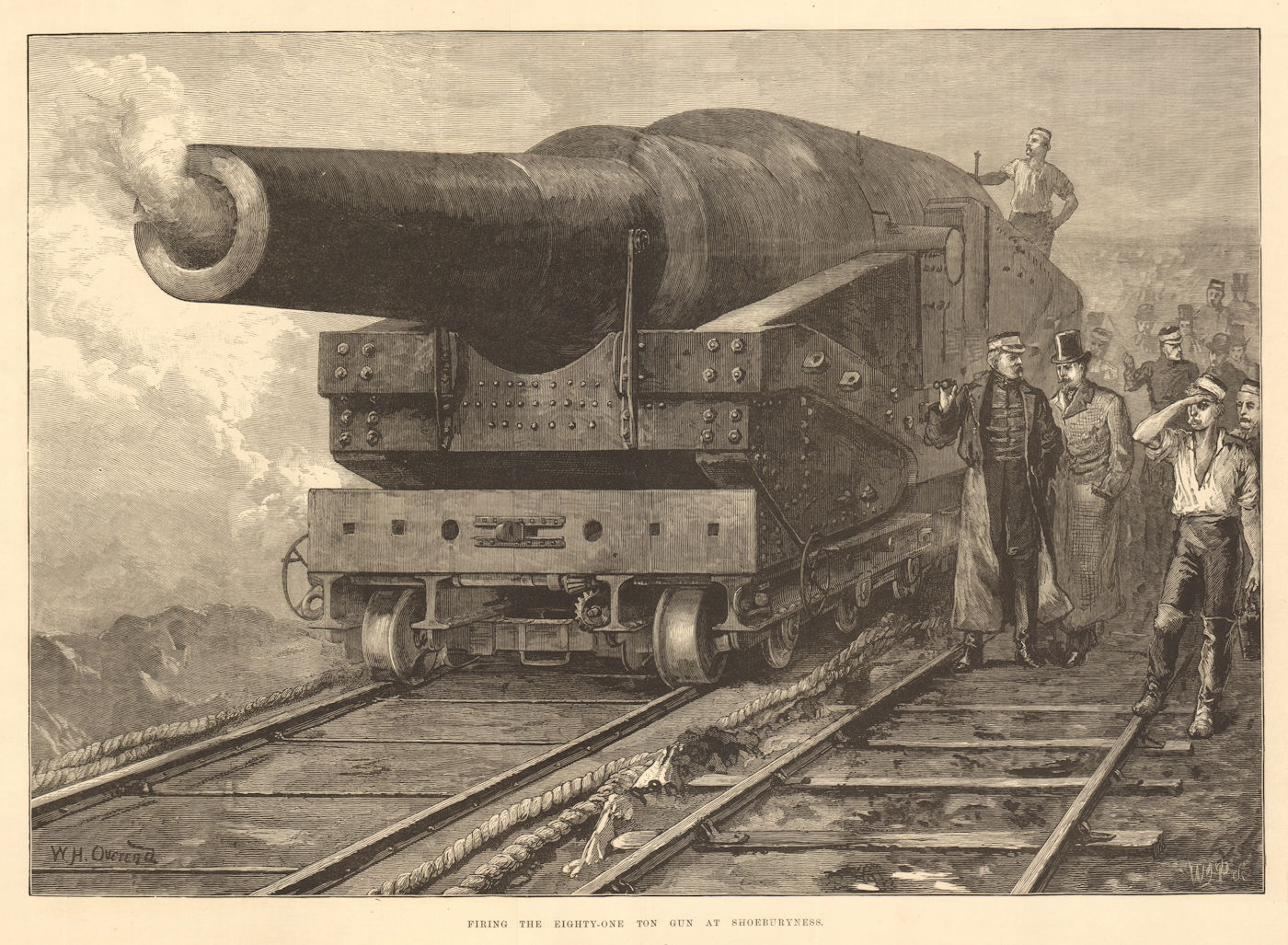 Associate Product Firing the eighty-one ton gun at Shoeburyness. Essex. Militaria 1877 ILN print