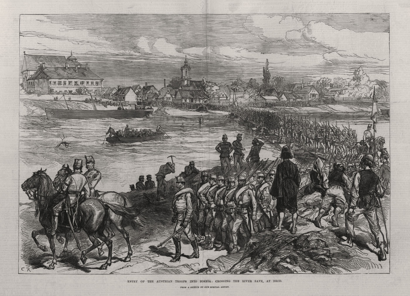Austrian troops entering Bosnia: Crossing the river Sava, at Brod 1878 print