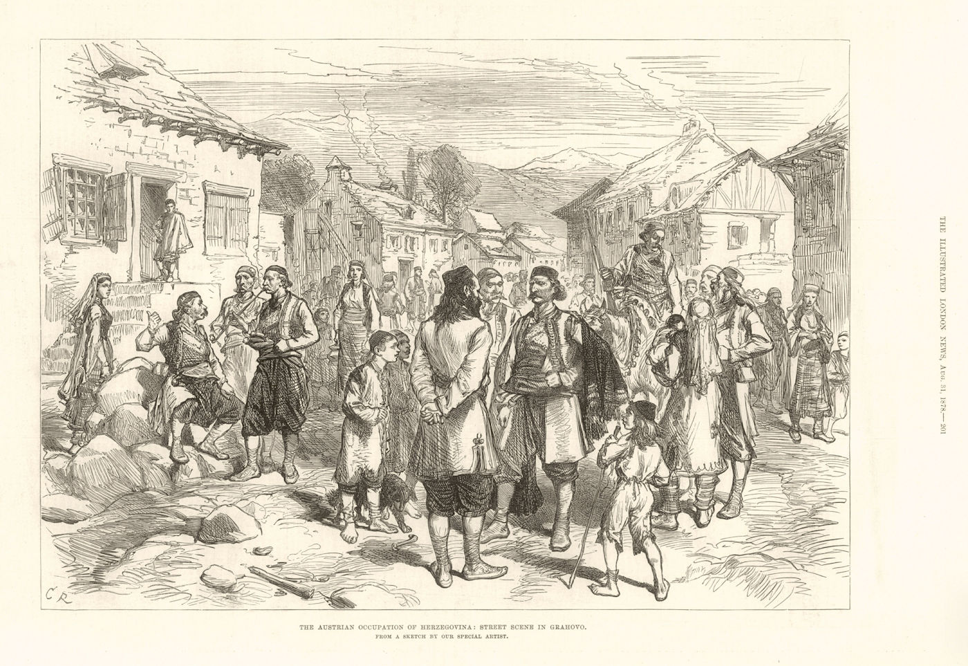 The Austrian Occupation of Herzegovina: Grahovo street scene. Bosnia 1878