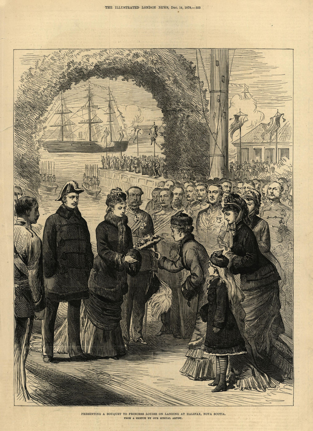 Associate Product Princess Louise given flowers on landing at Halifax, Nova Scotia. Canada 1878