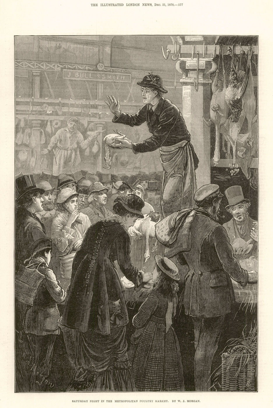 Associate Product Saturday night in the Metropolitan Poultry market. Smithfield 1878 old print