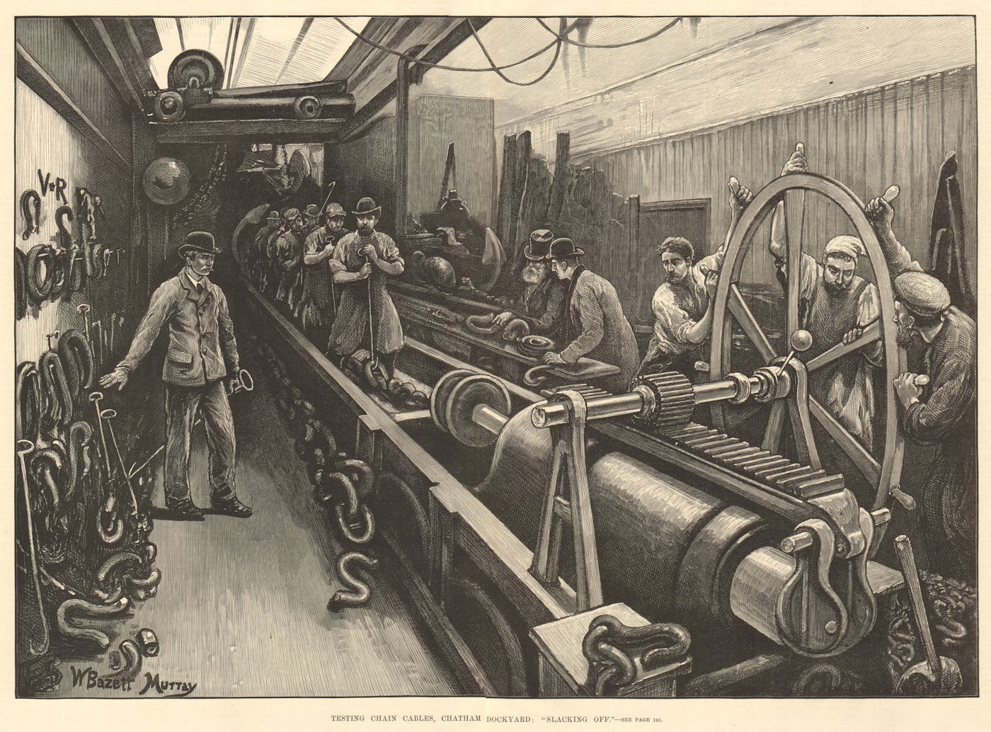 Testing chain cables, Chatham Dockyard: "Slacking off". Kent. Telegraphs 1880