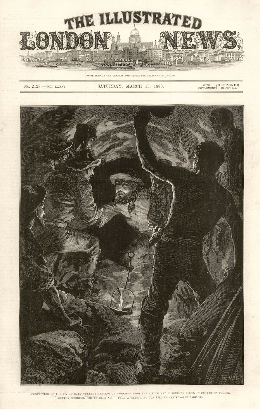 St Gotthard Tunnel completion: Airolo & Goschenen workmen meeting 1880 print