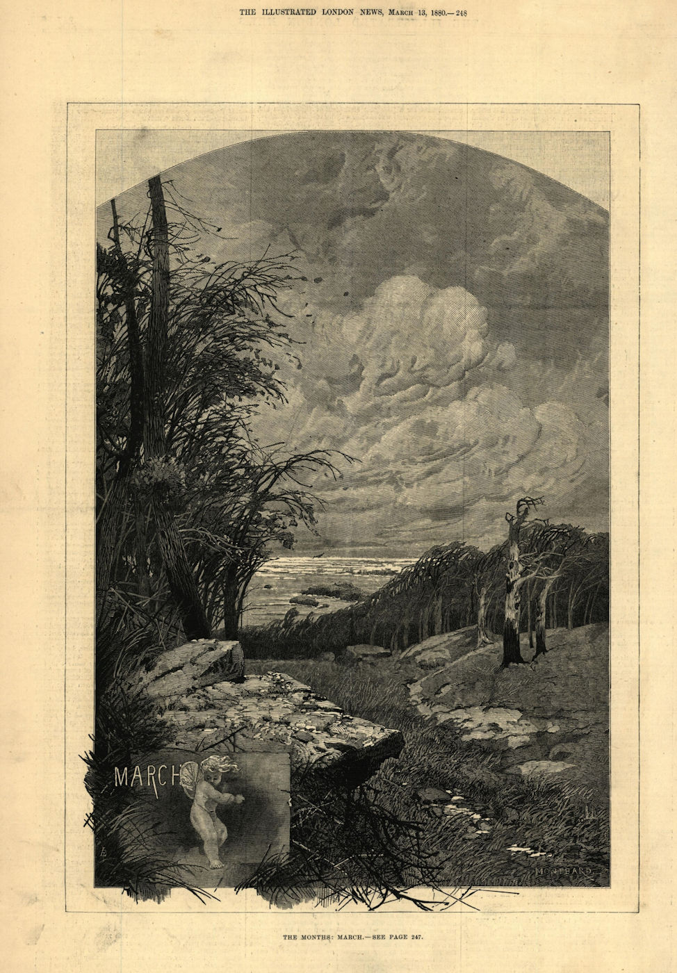 The month: March. Landscapes. Fine arts 1880 old antique vintage print picture