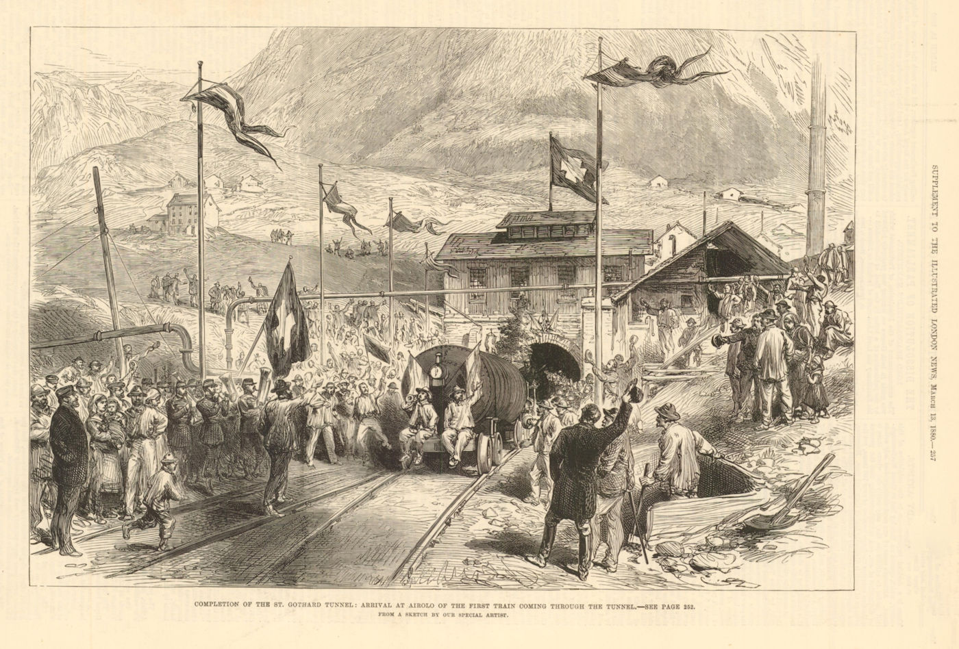 Associate Product St Gotthard Tunnel completion: First train arriving at Airolo 1880 ILN print