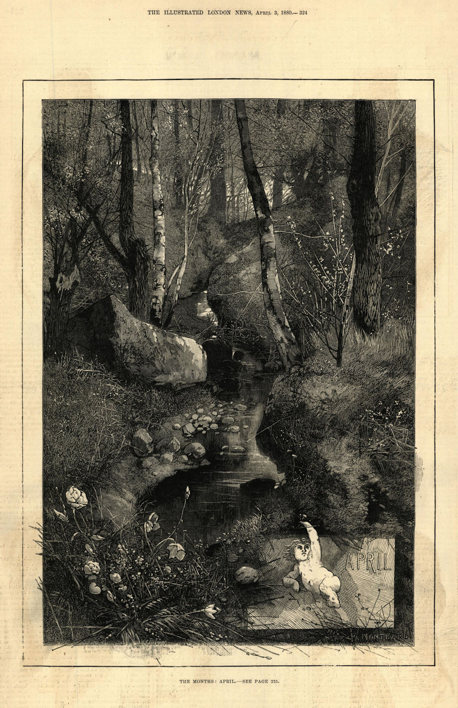 The month: April. Landscapes. Fine arts 1880 old antique vintage print picture
