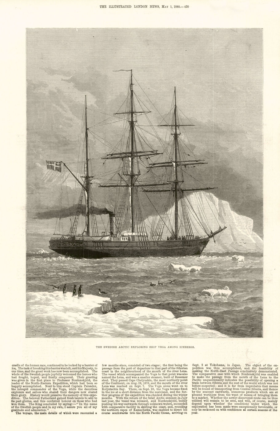Associate Product The Swedish Arctic exploring ship Vega among icebergs 1880 old antique print