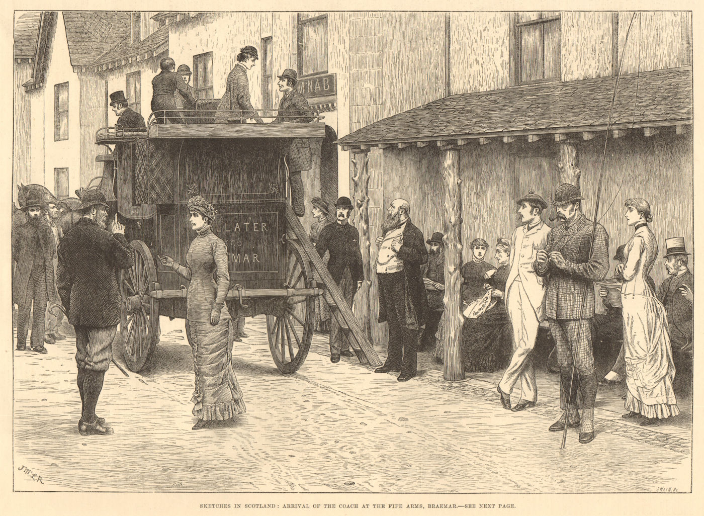 Associate Product Sketches in Scotland: arrival of the coach at the Fife Arms, Braemar. Pubs 1880