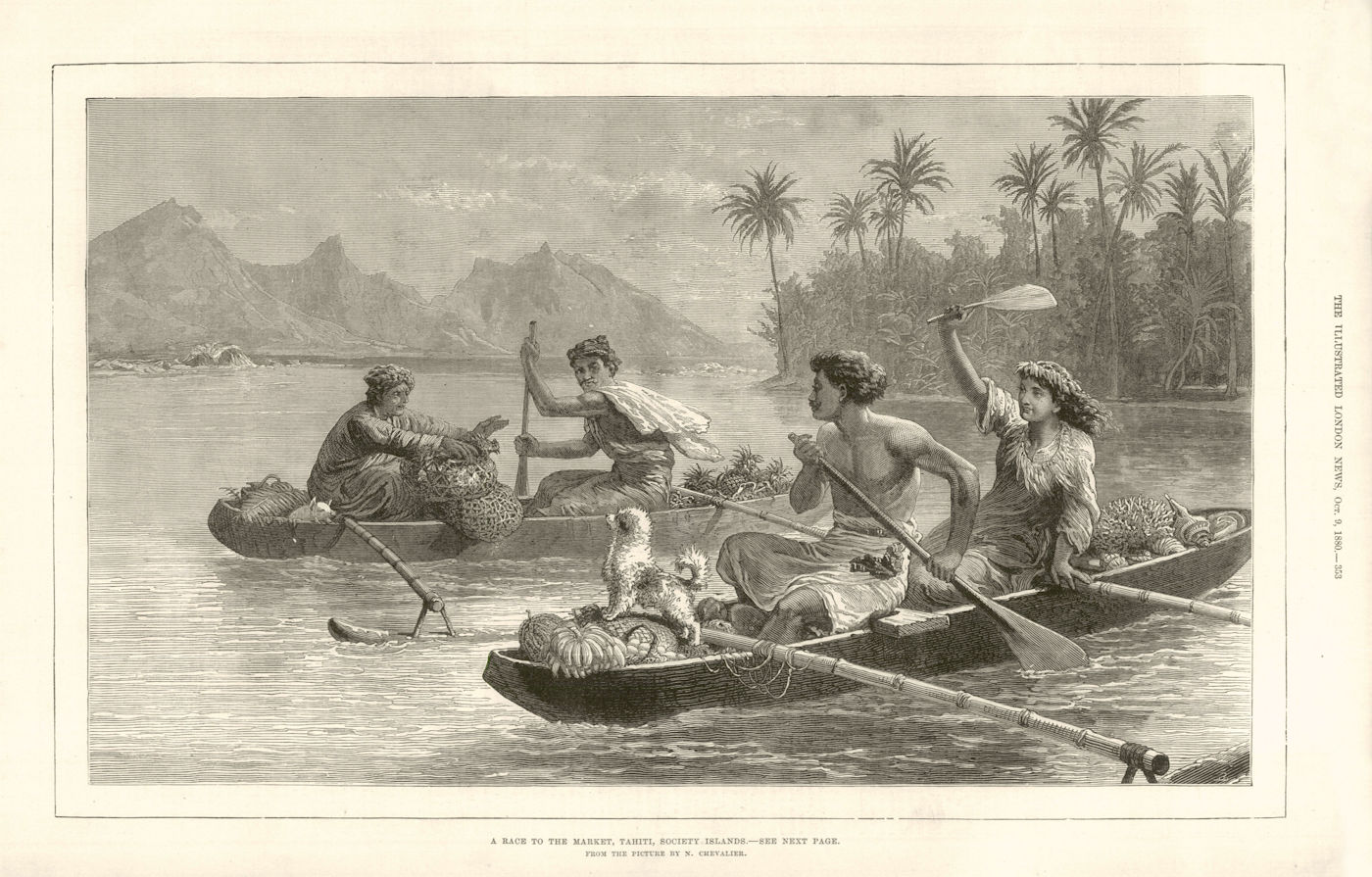 A race to the market, Tahiti, Society Islands. Polynesia 1880 old print