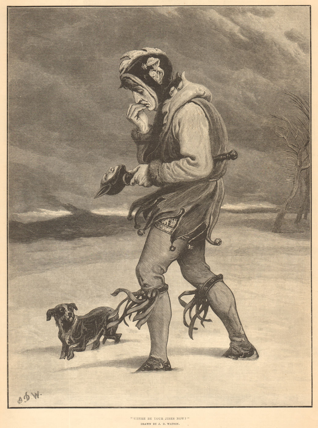 Associate Product Where be your jibes now?". Drawn by J. D. Watson. Jester. Dogs 1880 ILN print