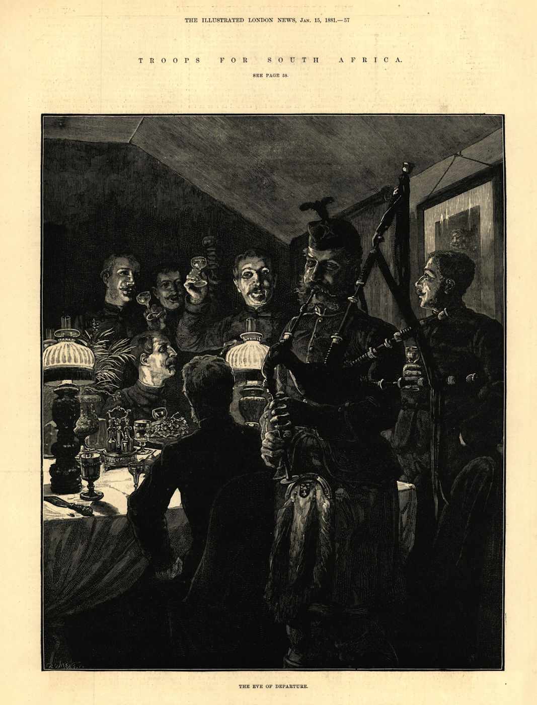 Associate Product Troops for South Africa: The eve of departure. Music 1881 ILN full page print
