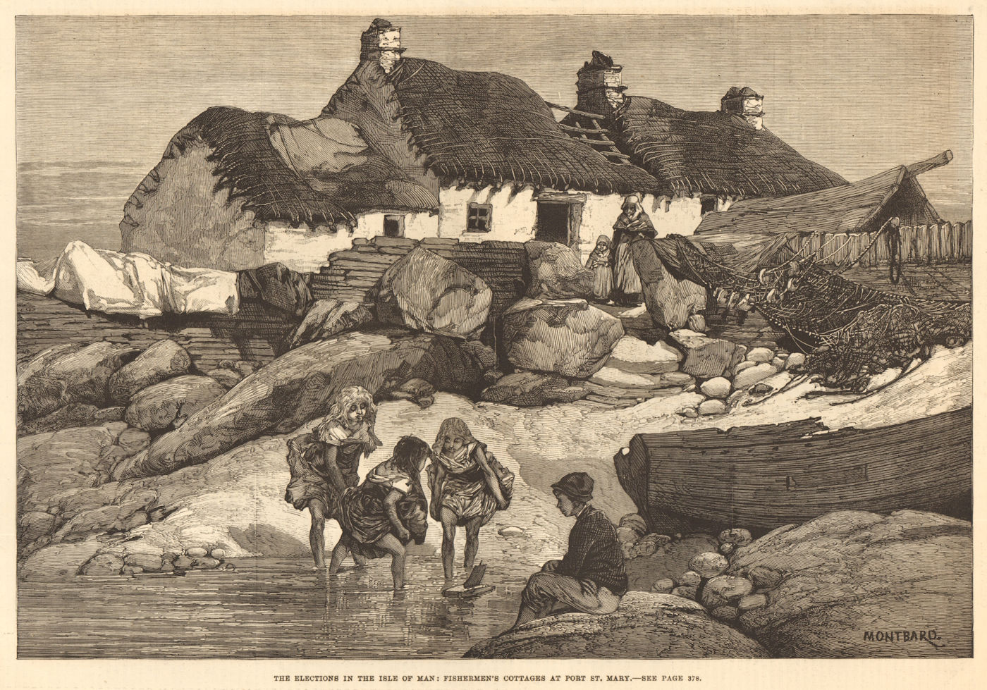 The Isle of Man election: fishermen's cottages at Port St. Mary 1881 old print