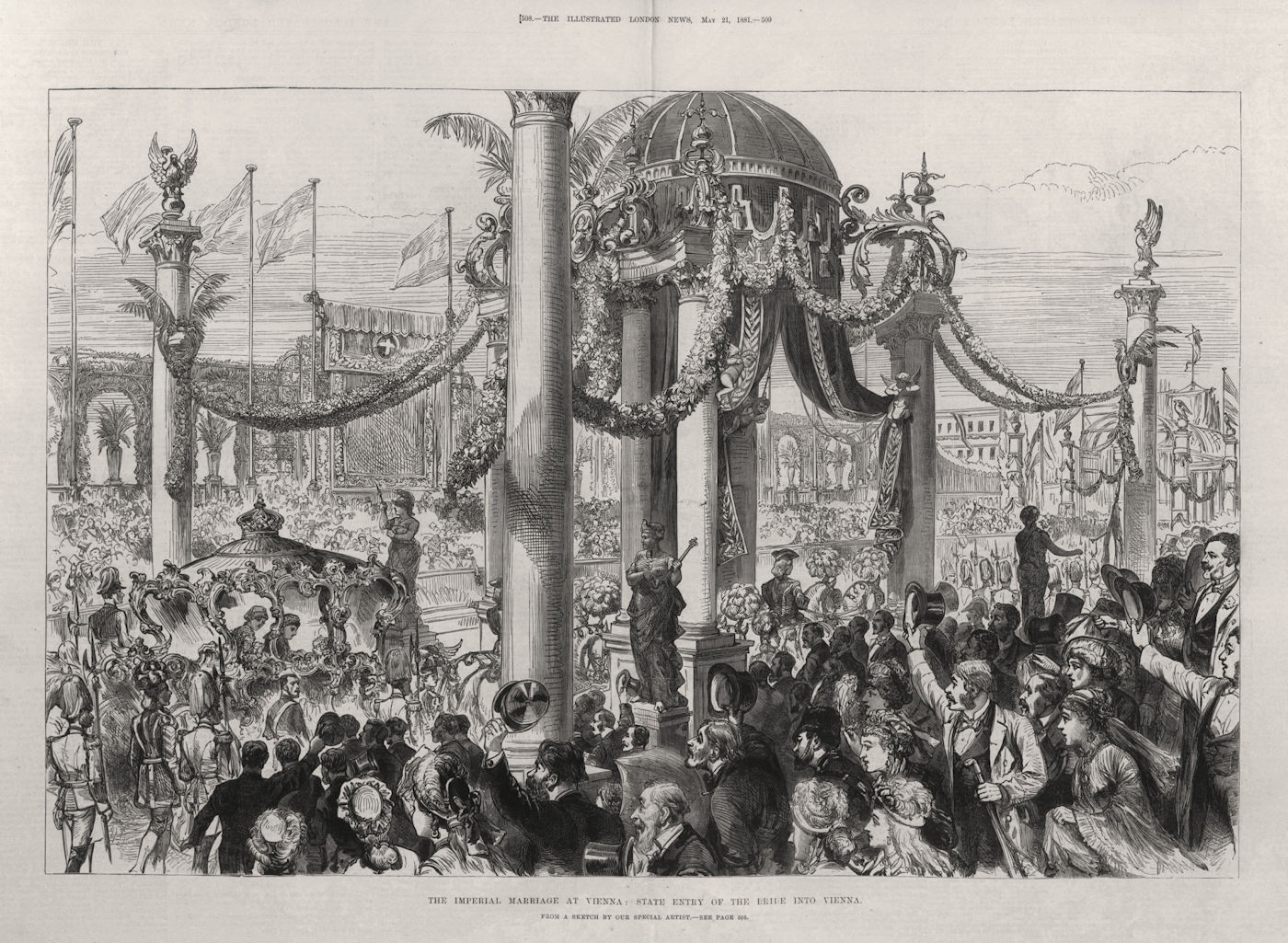 The imperial marriage at Vienna: state entry of the bride. Austria 1881 print