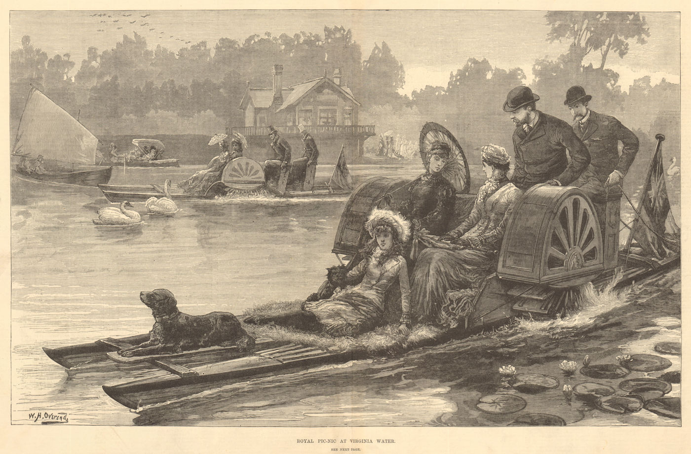 Associate Product Royal picnic at Virginia Water. Surrey. Boats 1881 antique ILN full page print