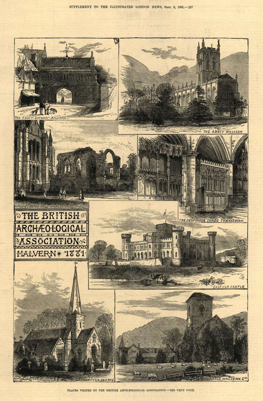 Malvern Abbey Leahampton church Eastnor Castle Tewkesbury Worcester 1881 print
