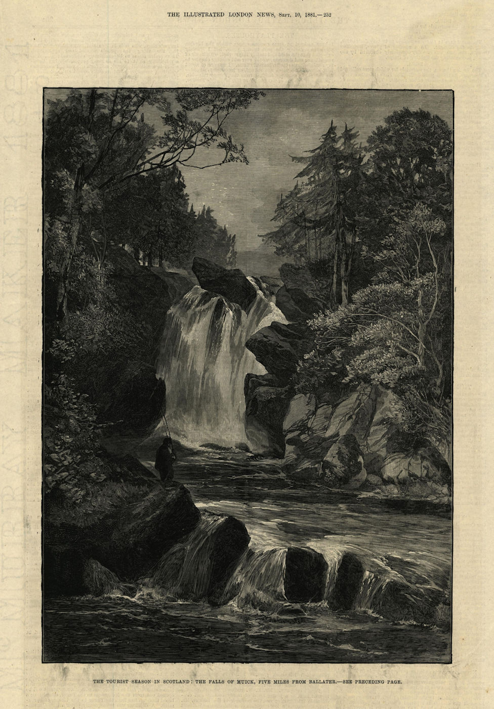 The falls of Muick, five miles from Ballater, Scotland. Waterfalls 1881 print