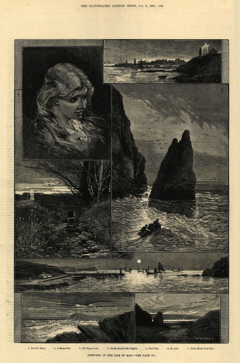 Isle of Man: Port St. Mary Manx Girl Port Erin St. Ann Bradda Head 1881 print