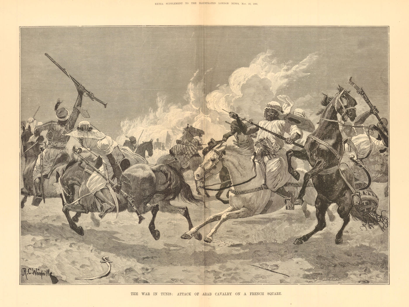 French Conquest of Tunisia. Tunis. Arab Cavalry attacking a French Square 1881