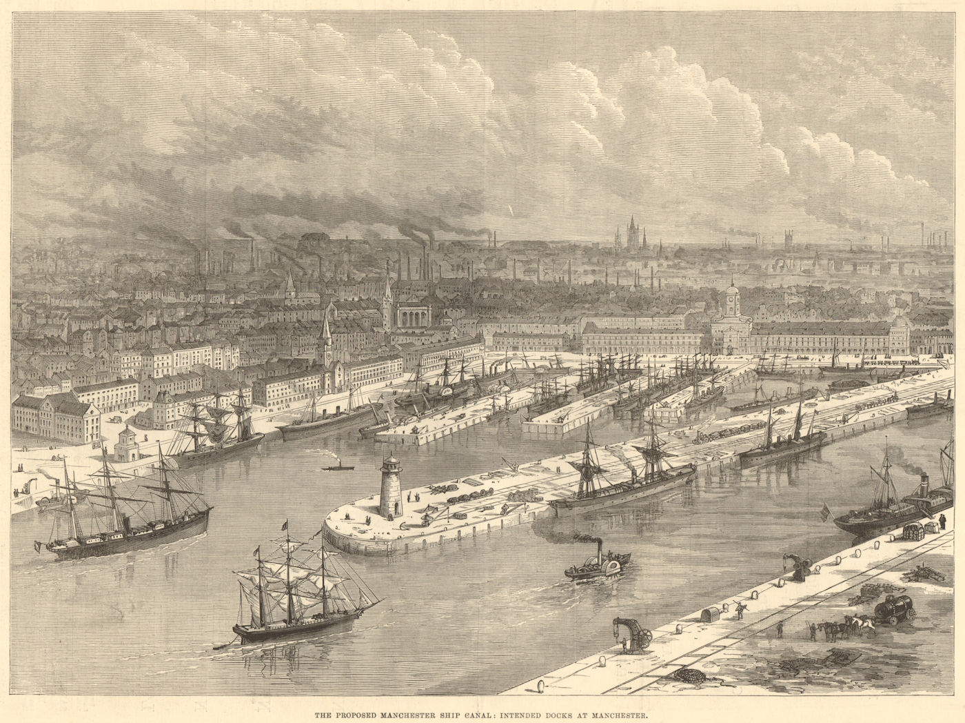 The proposed Manchester Ship Canal: intended docks at Manchester 1883 print
