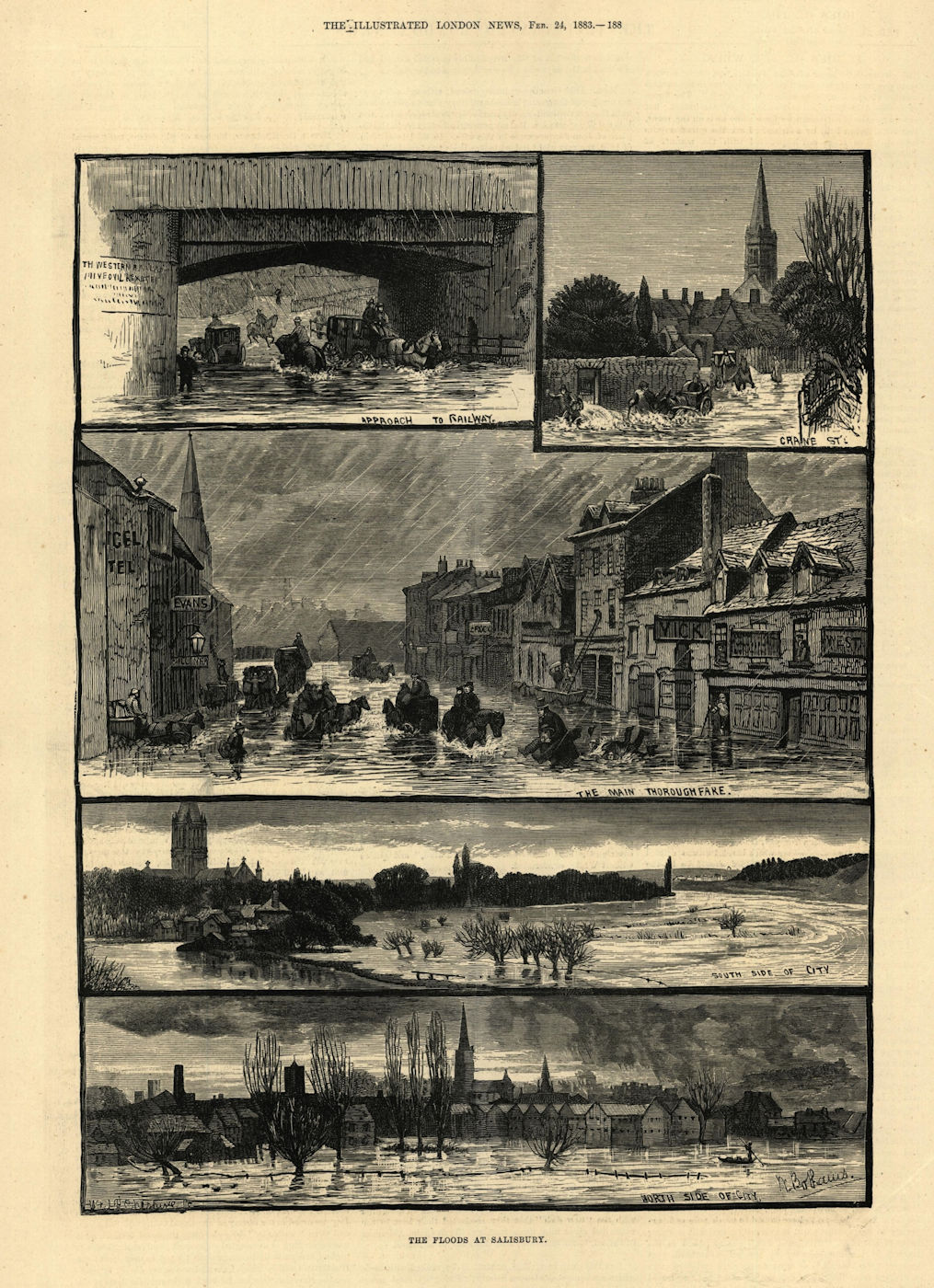 Associate Product The floods at Salisbury. Wiltshire 1883 old antique vintage print picture