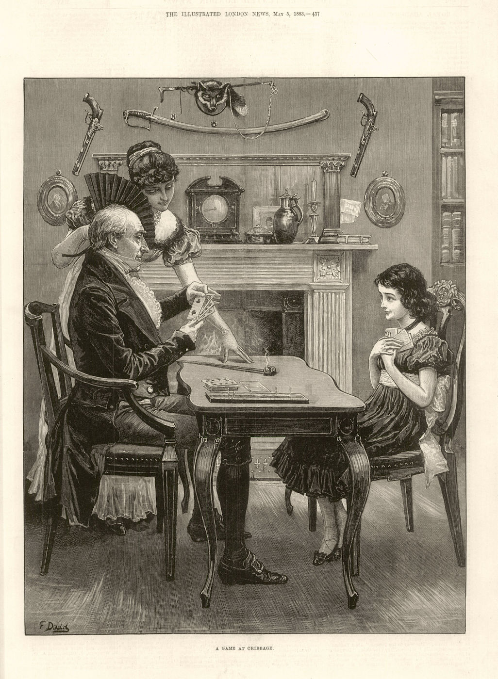 A game of Cribbage. Gaming 1883 antique ILN full page print