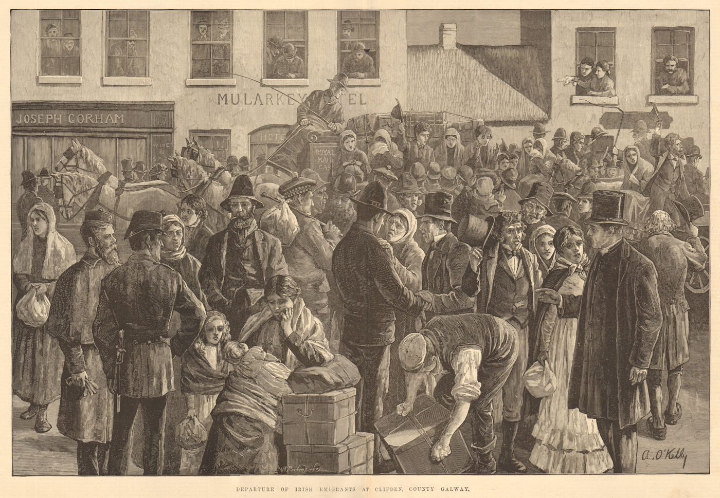 Departure of the Irish emigrants at Clifden, County Galway. Ireland 1883