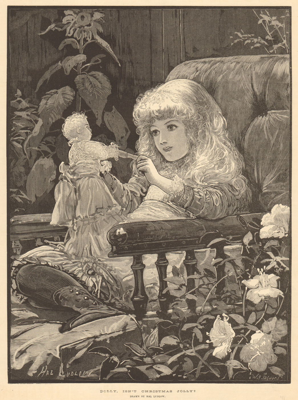 "Dolly, isn't Christmas jolly?", drawn by Hal Ludlow 1883 old antique print