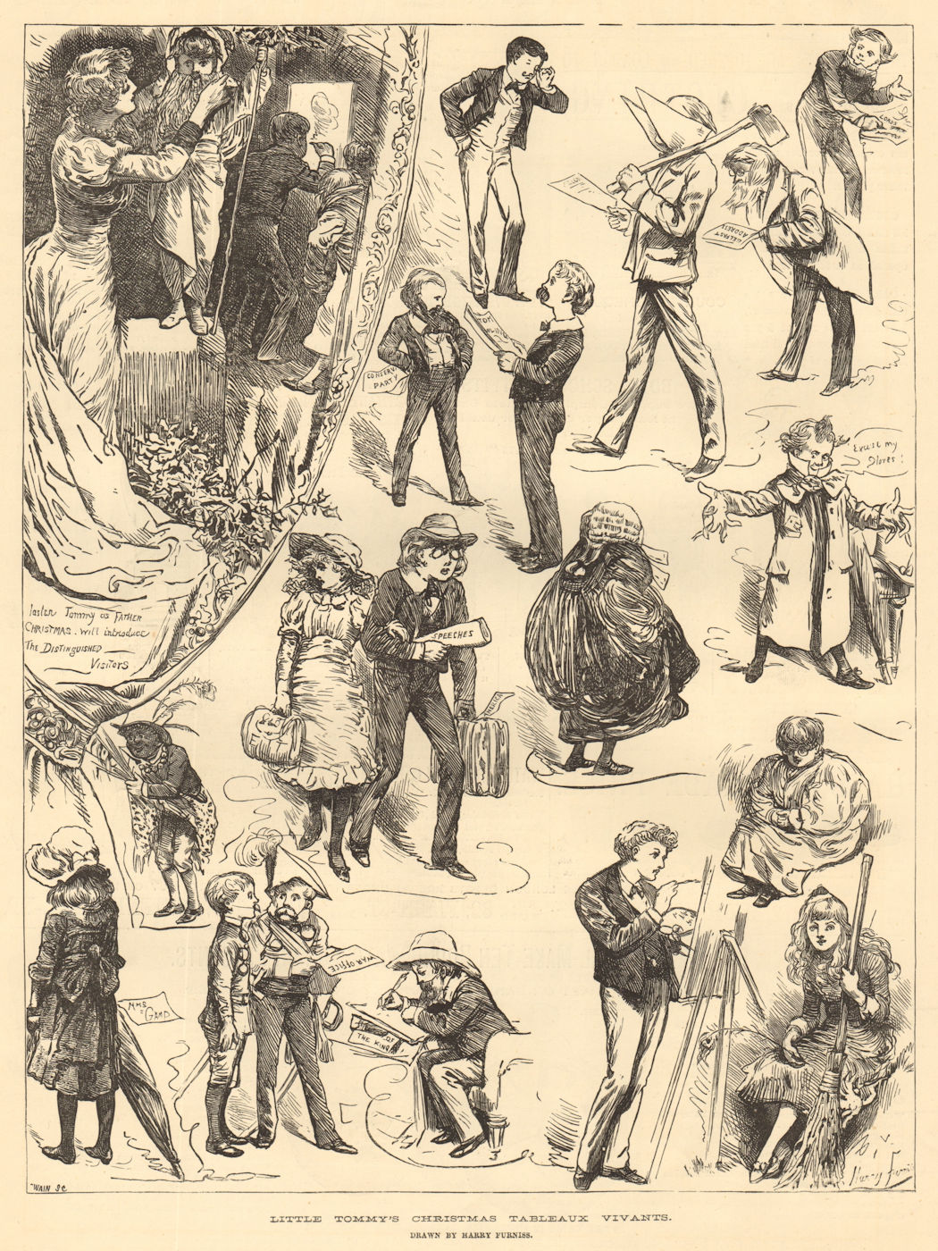 Associate Product Little Tommy's Christmas tableaux vivants. Drawn by Harry Furniss. Society 1883