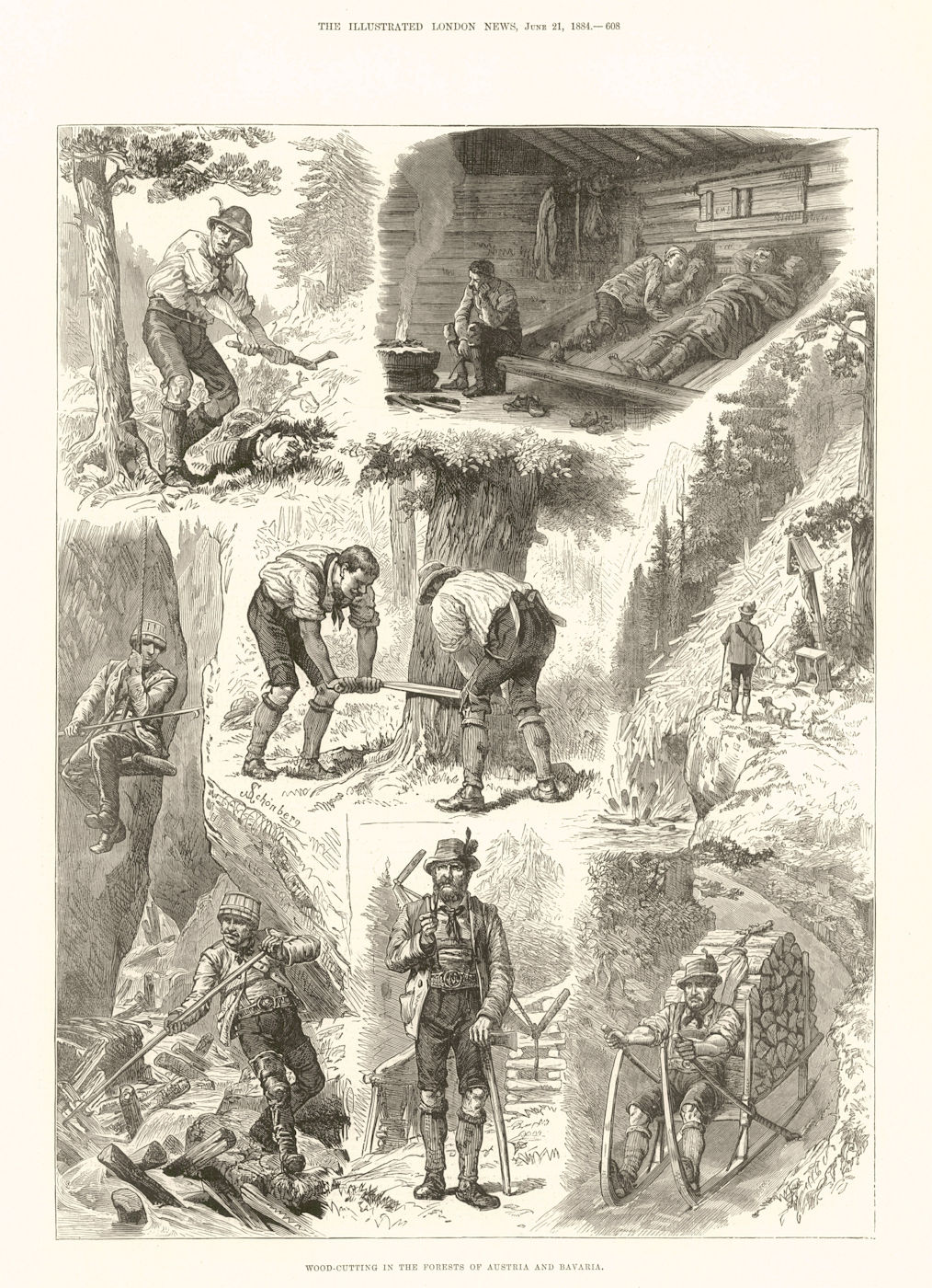 Associate Product Wood cutting in the forests of Austria & Bavaria 1884 antique ILN full page