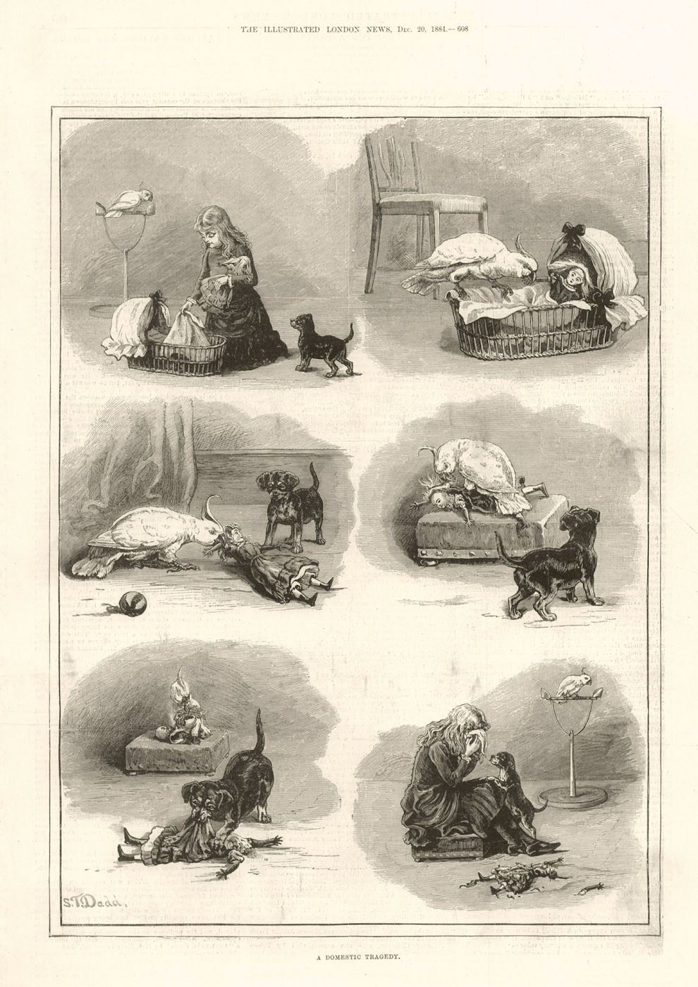 A domestic tragedy. Children. Dog parrot doll girl 1884 old antique print