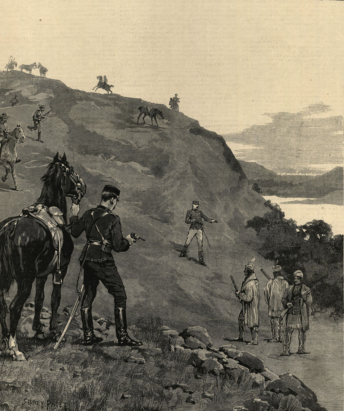 North-West Rebellion, Canada: Capt French taking prisoner 3 indian spies 1885