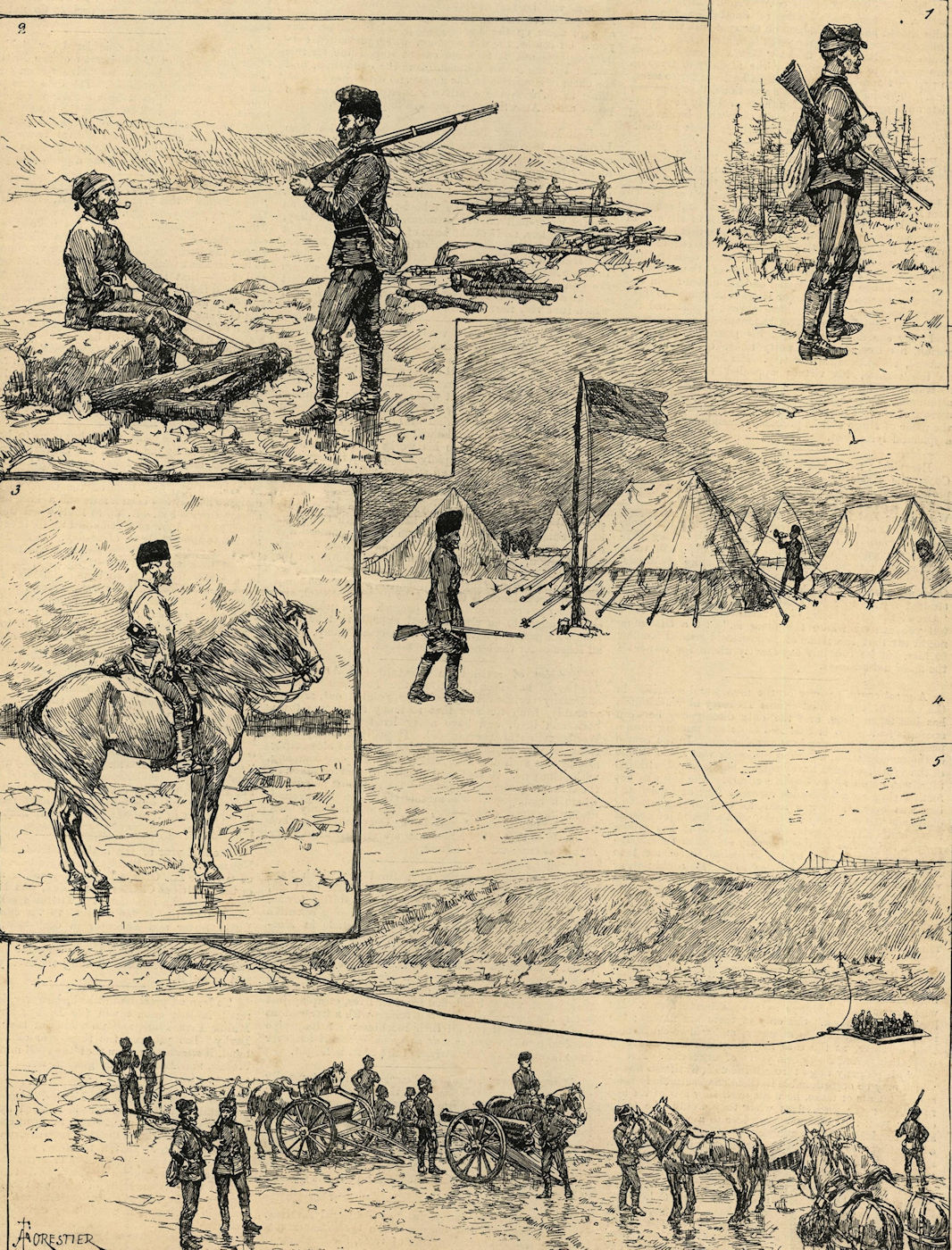 North-West Rebellion Canada: Militia at Clark's crossing South Saskatchewan 1885