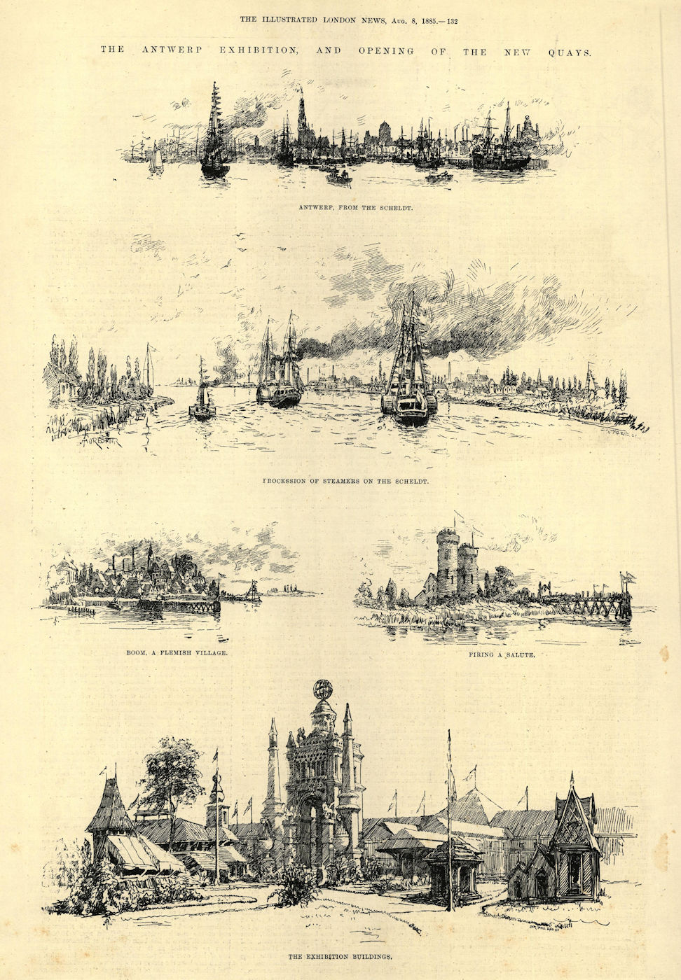 The Antwerp Exhibition. From the Scheldt. Steamers. Boom. Belgium 1885 print