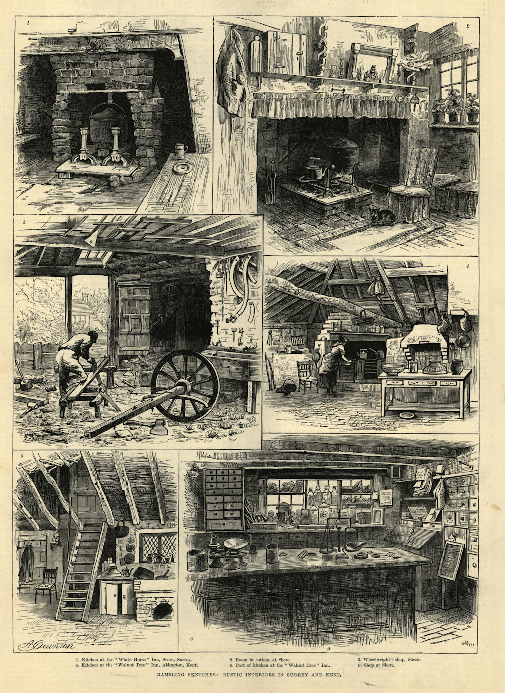Associate Product White Horse Inn, Shere, Surrey. Walnut Tree Inn, Aldington, Kent 1885 print