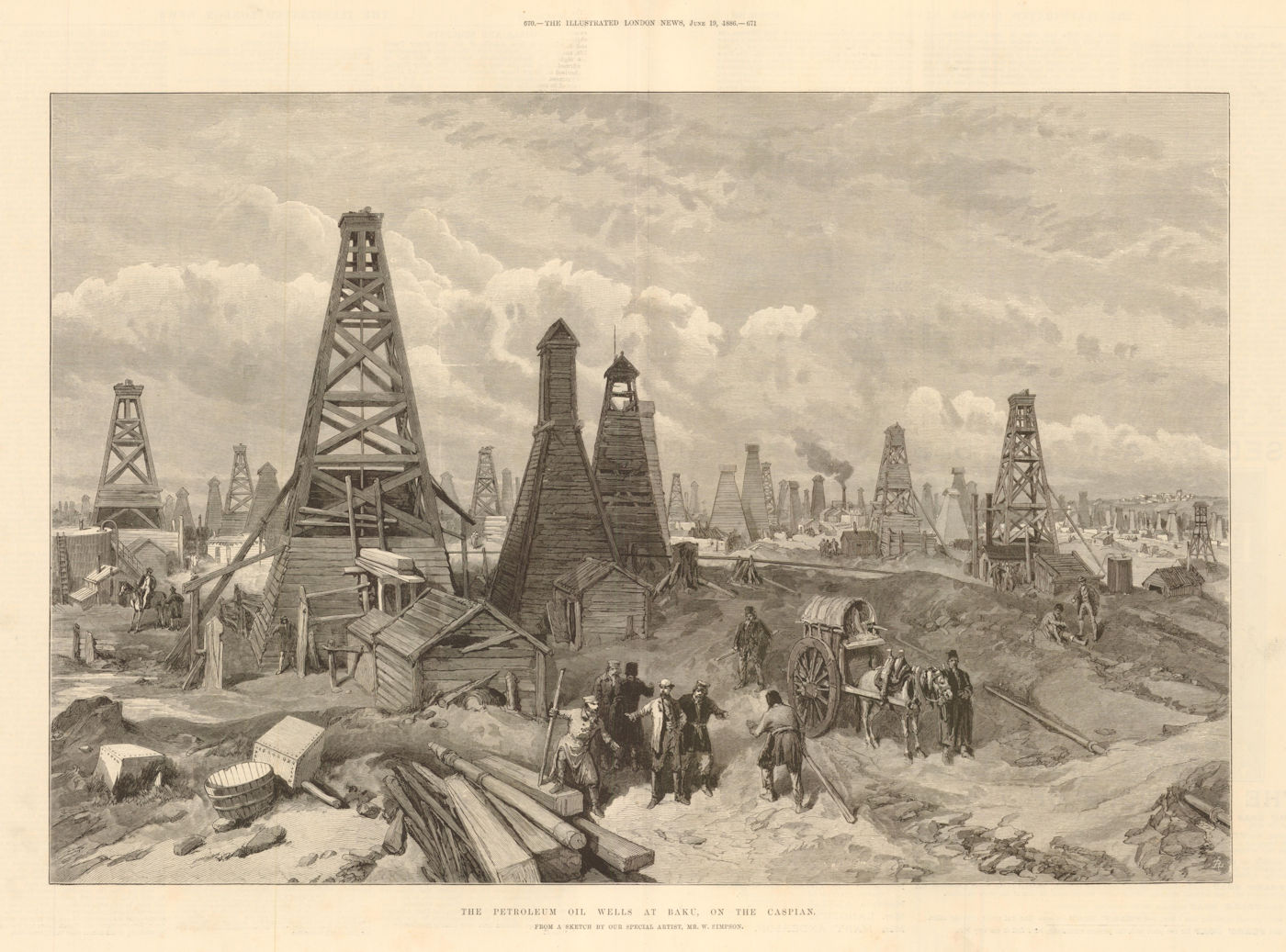The petroleum oil wells at Baku, on the Caspian. Azerbaijan 1886 ILN full page